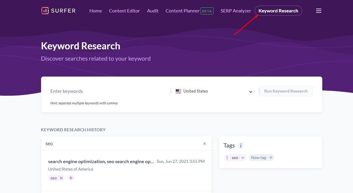 Keyword Research in Surfer SEO
