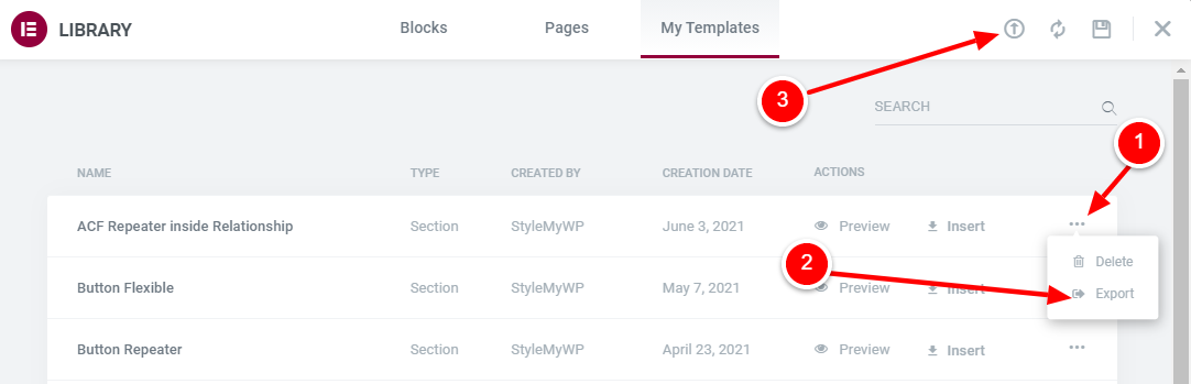 Elementor Import and Export Templates