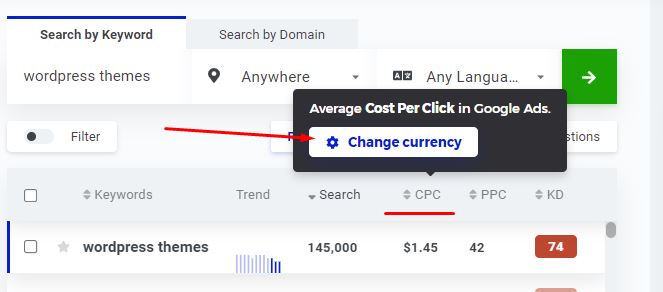 KWfinder Change CPC Currency