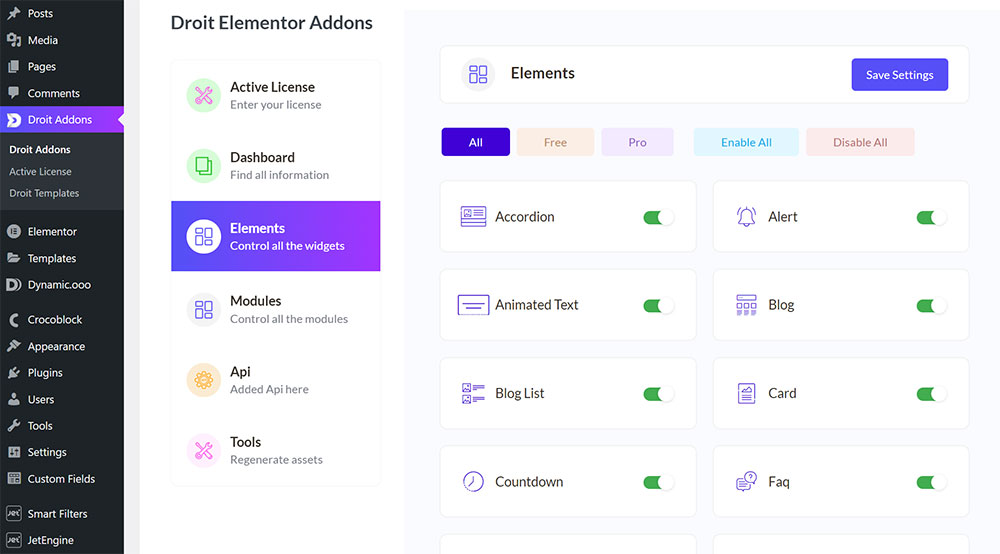 Droit Addons for Elementor Dashboard UI