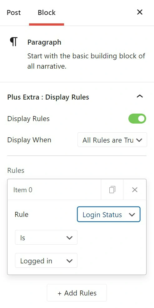Display Rules in plus blocks for elementor