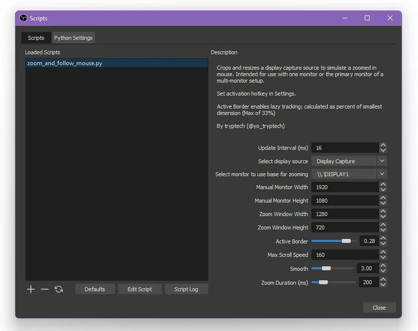 Zoom and Follow OBS Script Settings