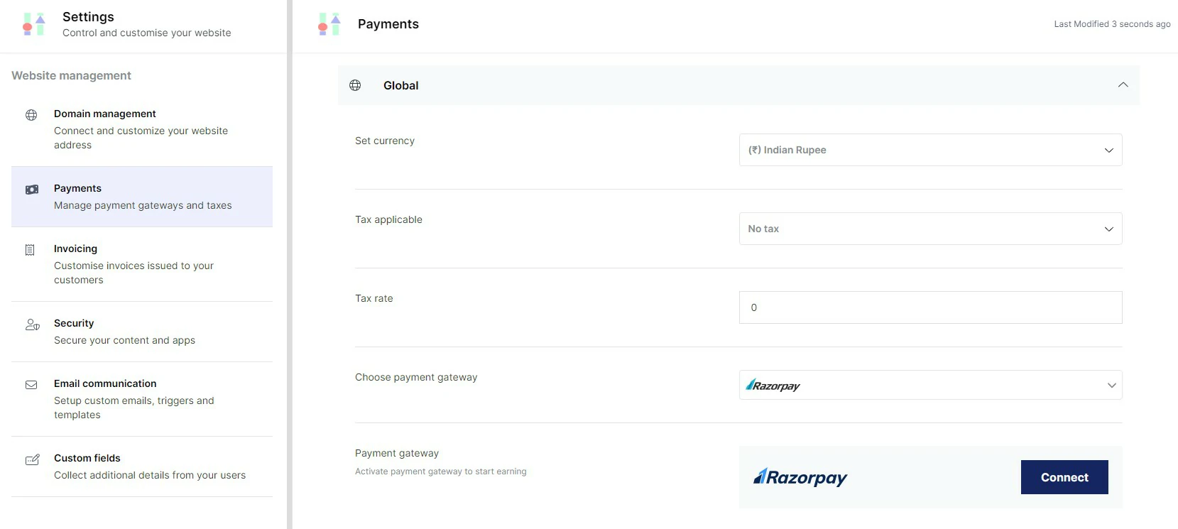 Graphy Payment Settings Razorpay and Stripe