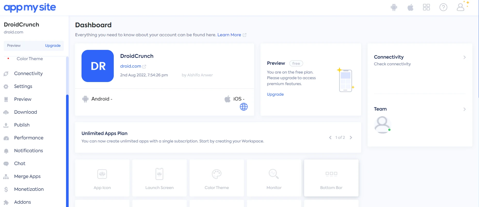 Appmysite dashboard