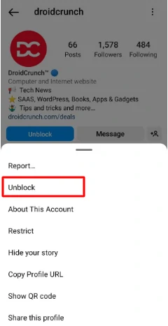 In the menu that appears, select Unblock.