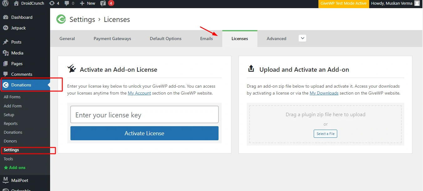 Activate GiveWP License Key