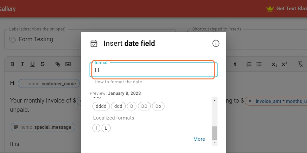 Choosing the Date FIeld Format in Text Blaze