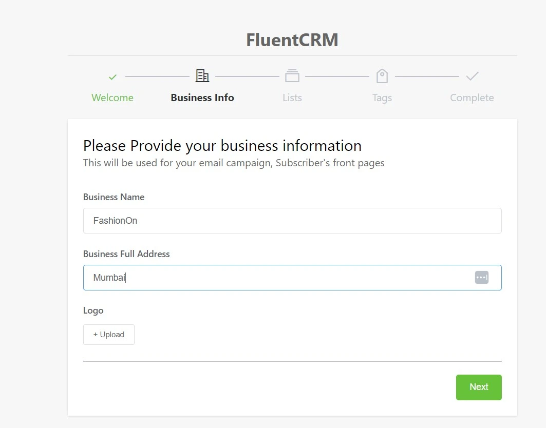 Fluent crm business info