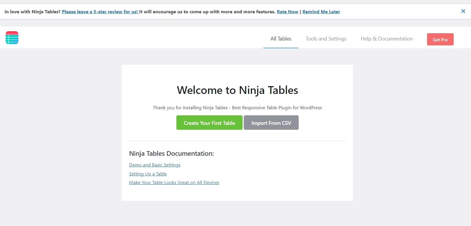 Ninja Tables welcome window