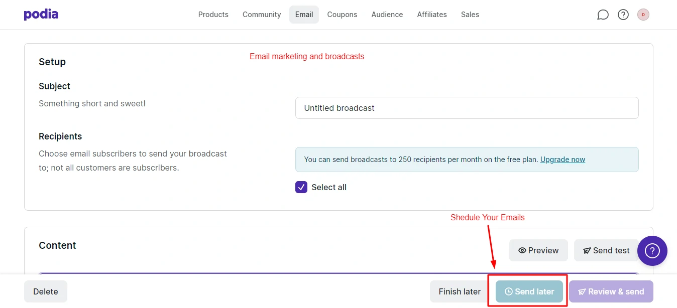 Podia Email marketing and broadcasts