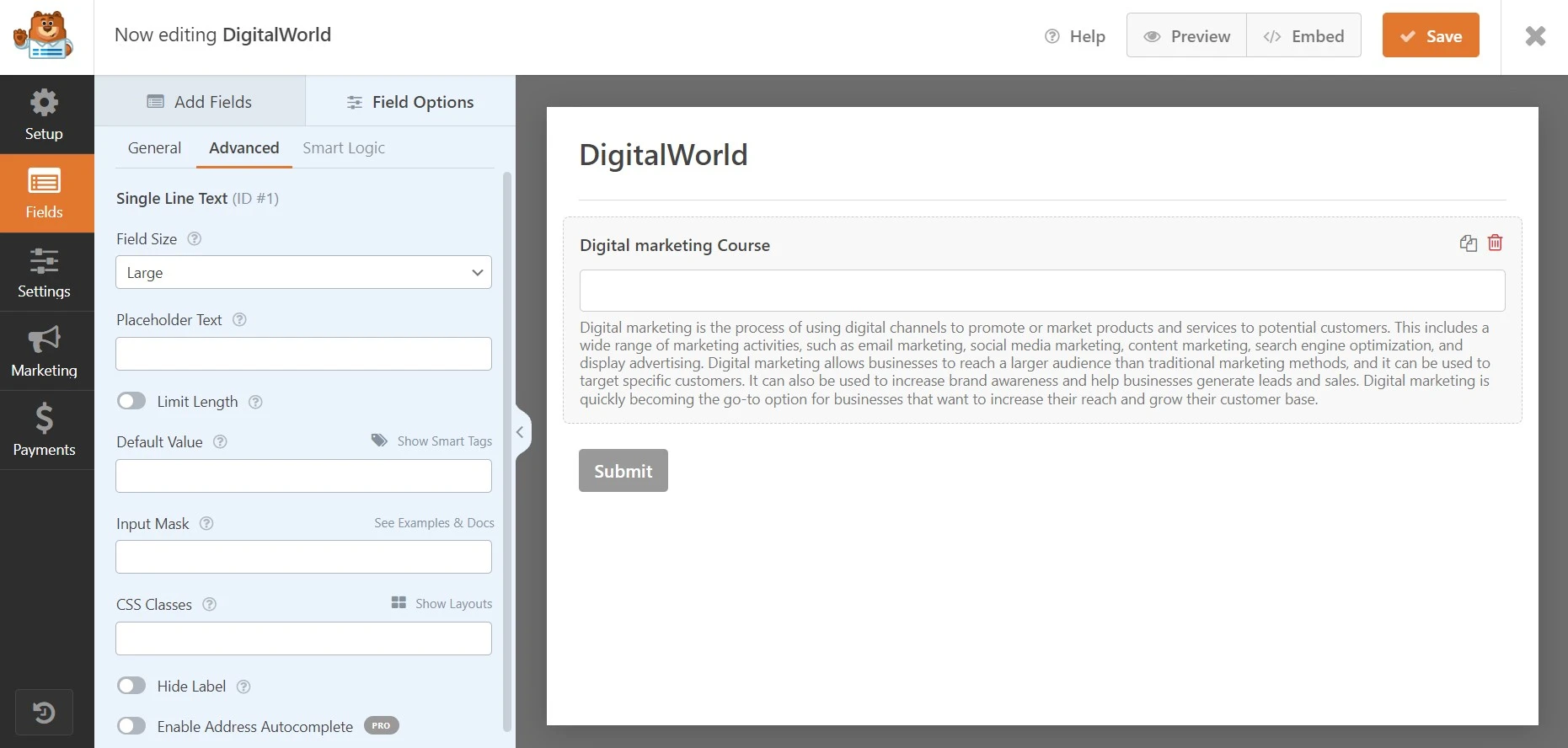 Wpform field added