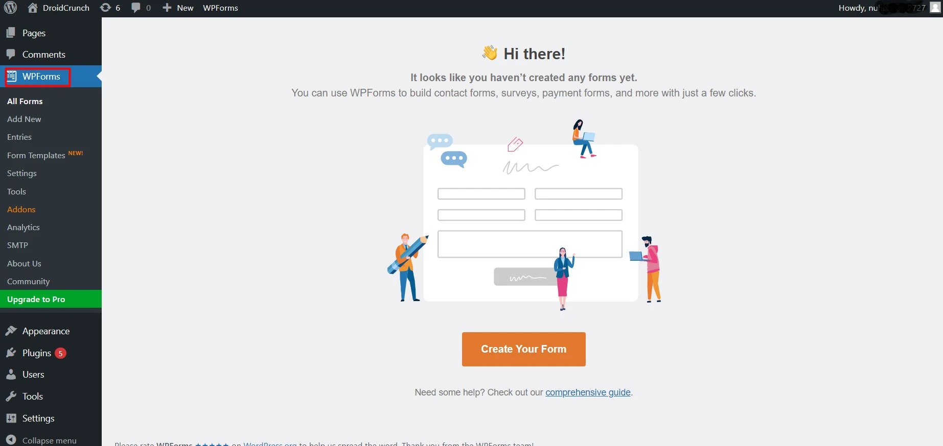 Wpform starting window after activation