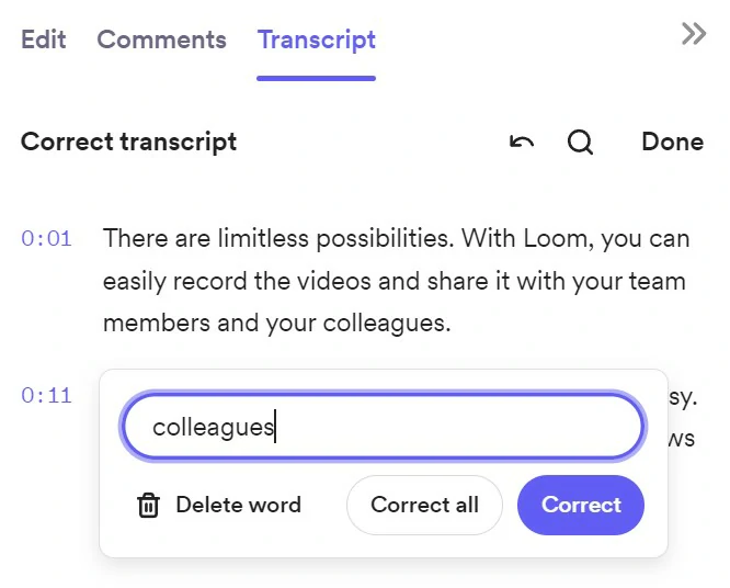 Edit and Correct Transcript in Loom App