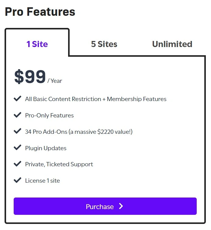 Restrict content pro 1 site pricing