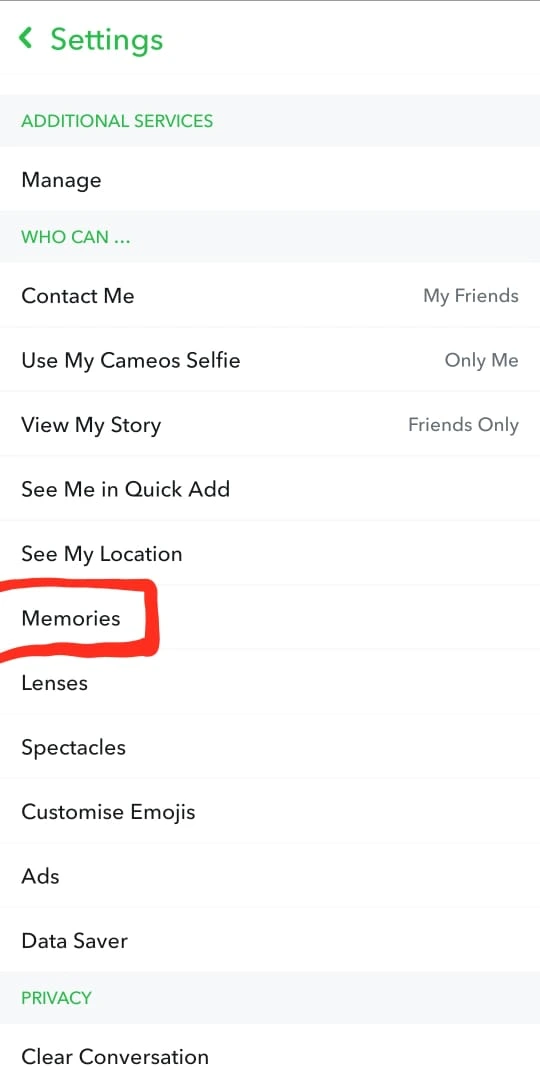 Snapchat memories under settings