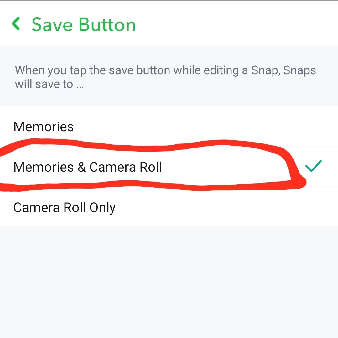Snapchat save button under memories and settings of snapchat