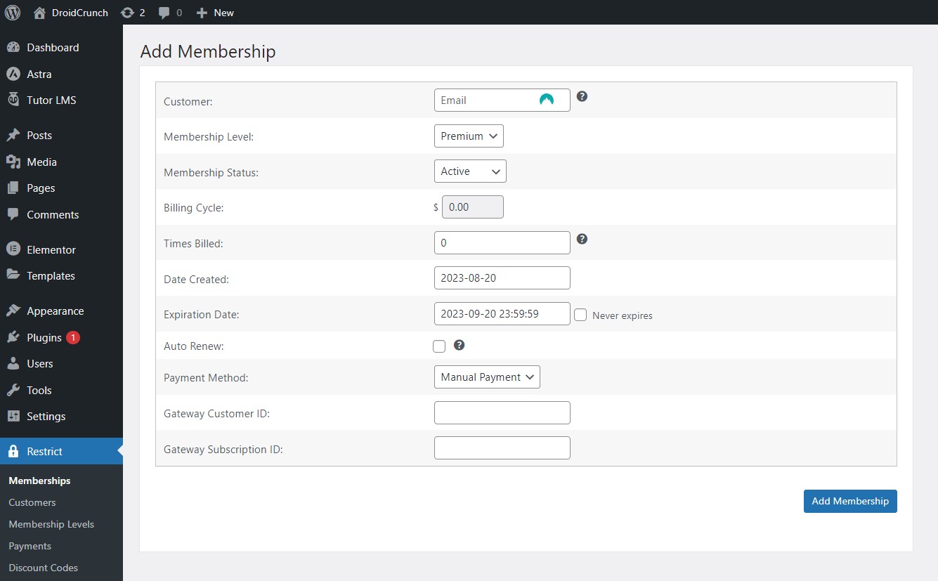 New Membership Creation in RCP Plugin