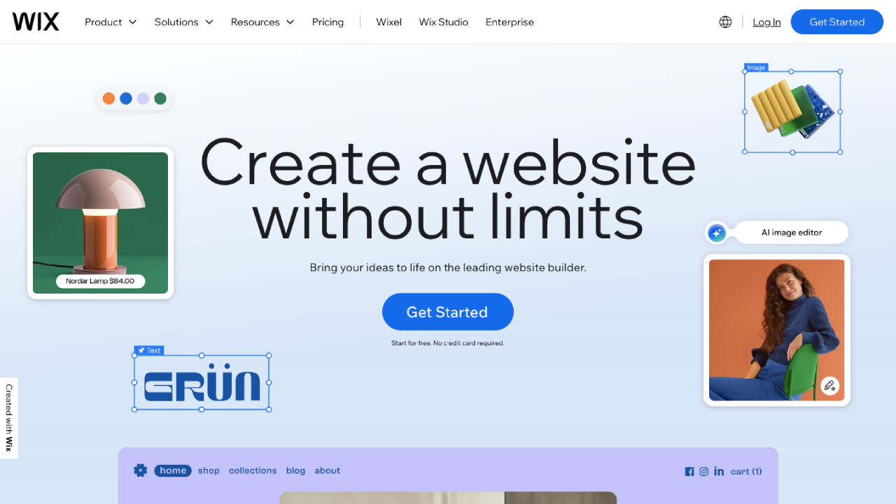Wix homepage, the beginner-friendly side of the Webflow vs Wix comparison