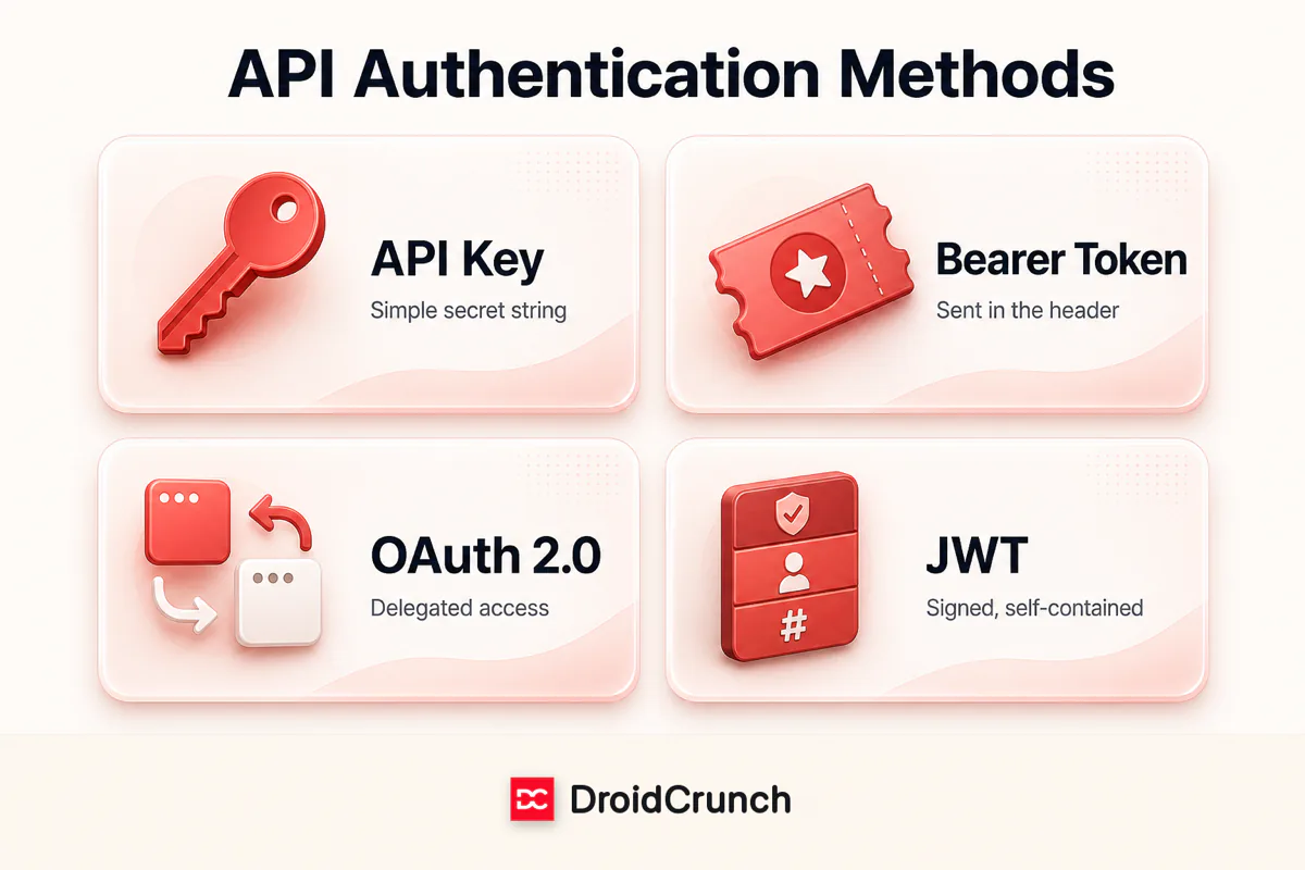 API authentication methods compared: API Key (simple secret string), Bearer Token (sent in the header), OAuth 2.0 (delegated access), and JWT (signed, self-contained)