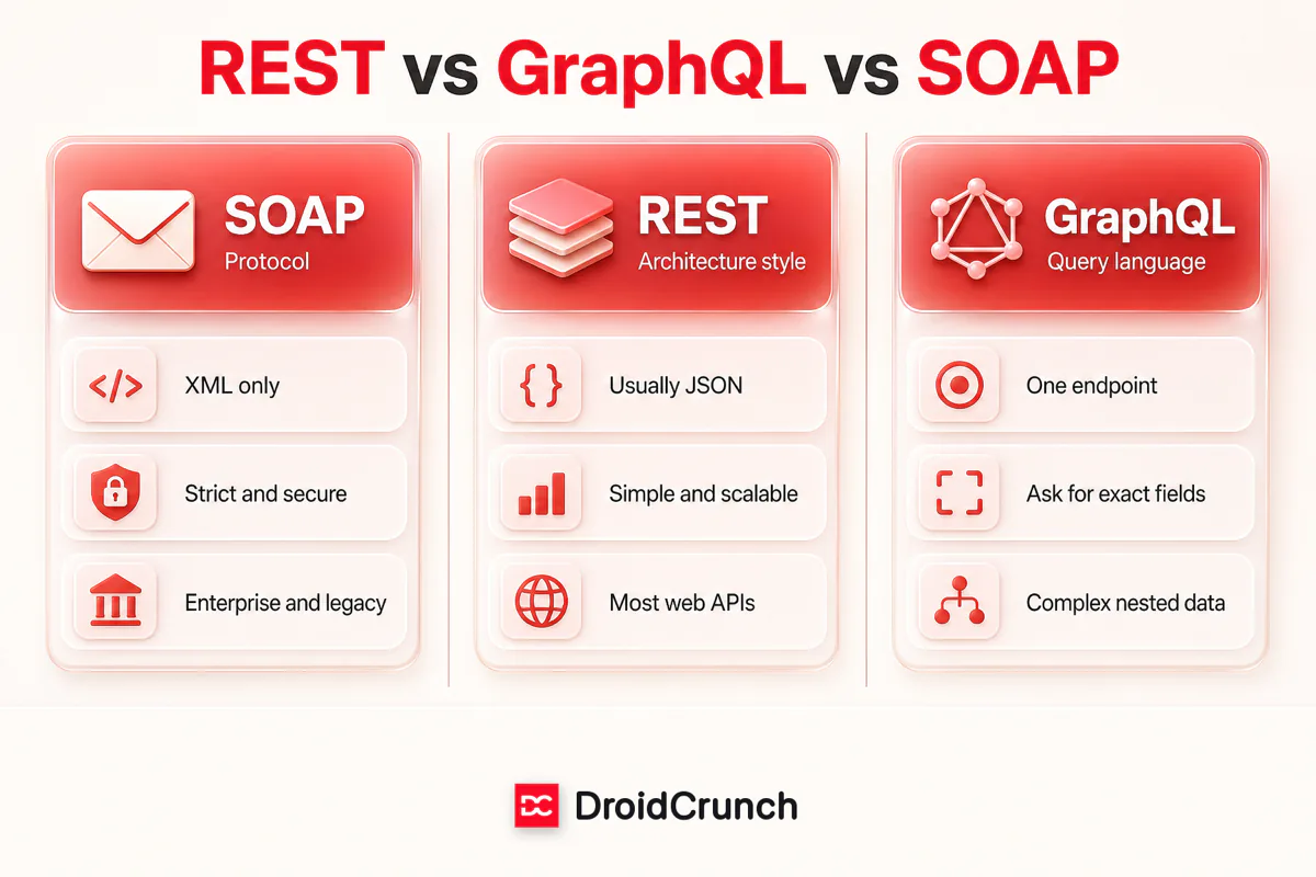 Comparison chart of SOAP, REST and GraphQL: data format, structure and best use cases