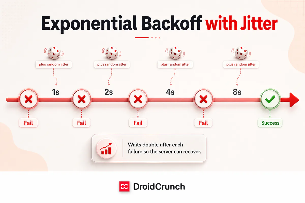 Exponential backoff with jitter: retry waits double after each failure - 1s, 2s, 4s, 8s plus random jitter - until the request succeeds