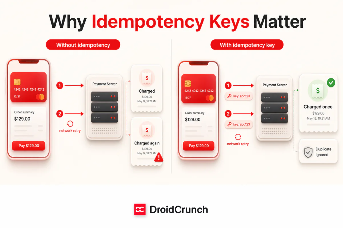Why idempotency keys matter: without one, a network retry charges the customer twice; with an idempotency key the server ignores the duplicate and charges once