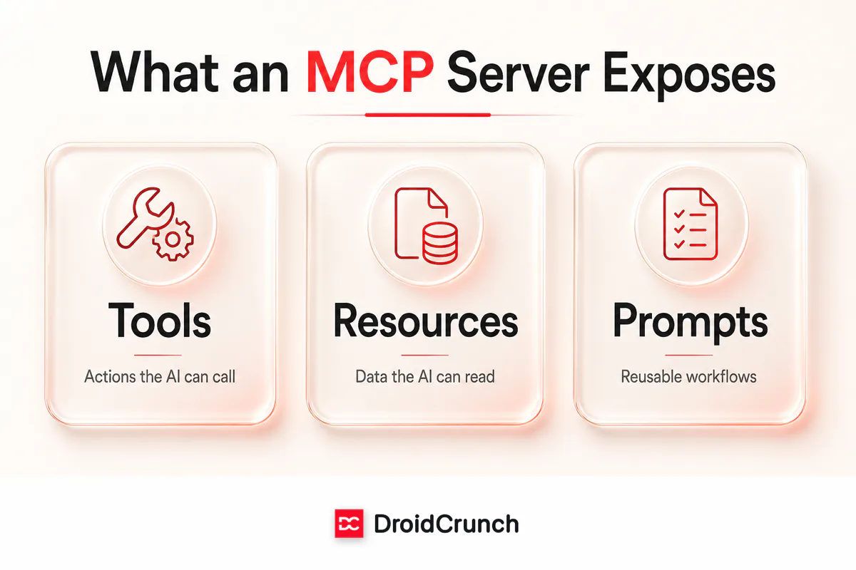 An MCP server exposes tools, resources, and prompts