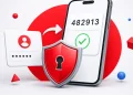 Two-factor authentication concept: a phone showing a one-time verification code, a security shield, and a login form