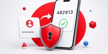 Two-factor authentication concept: a phone showing a one-time verification code, a security shield, and a login form