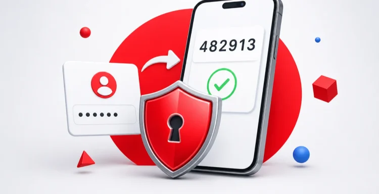 Two-factor authentication concept: a phone showing a one-time verification code, a security shield, and a login form